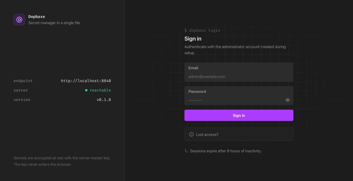 Dopbase sign-in page with email and password fields and local server connection status.