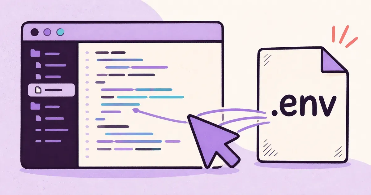 A flat illustration of an AI cursor reaching toward a marked .env file inside a developer workspace.