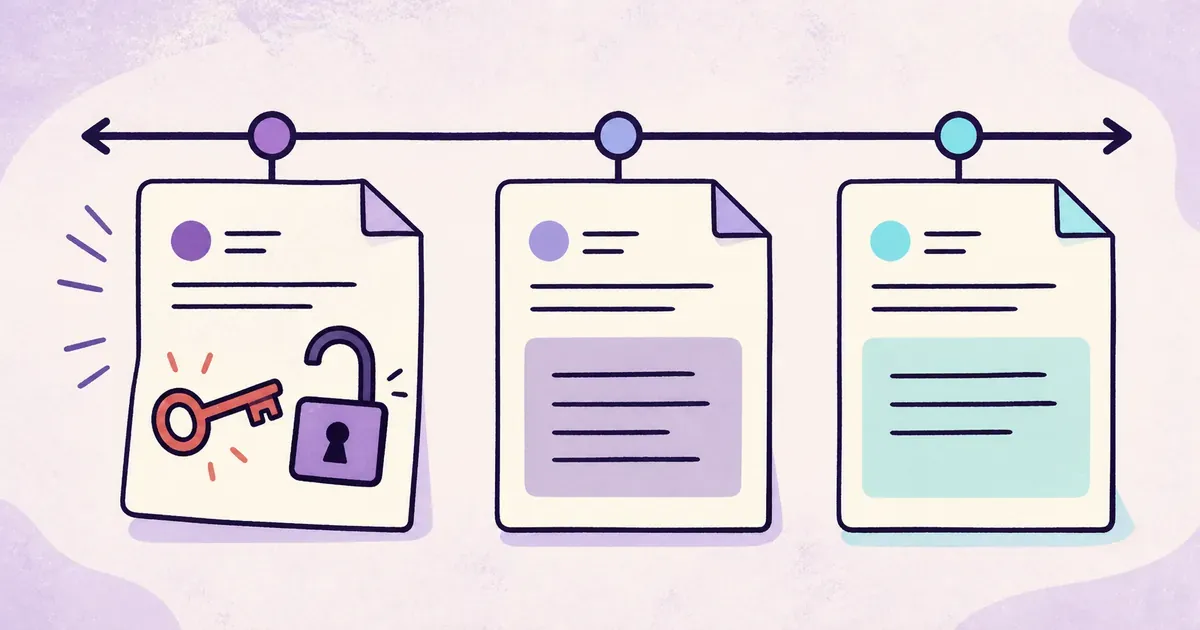 A flat illustration showing an old Git commit with a red key that still opens a lock after the latest file is clean.