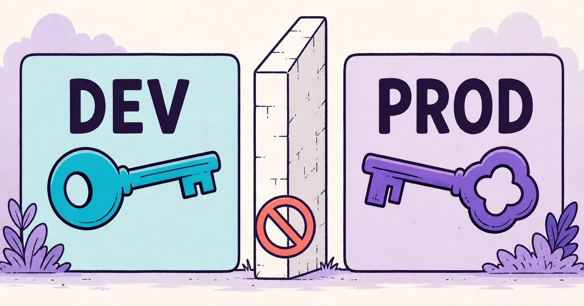 A flat illustration of separate development and production areas protected by different keys and a solid boundary.