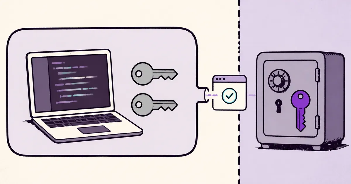 A flat illustration with fake keys inside a coding workspace and a real key secured in a locked store outside it.