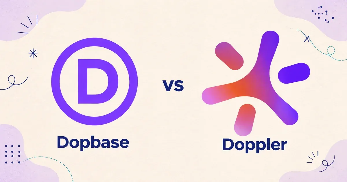 Dopbase and Doppler logos side by side in a secrets manager comparison graphic.