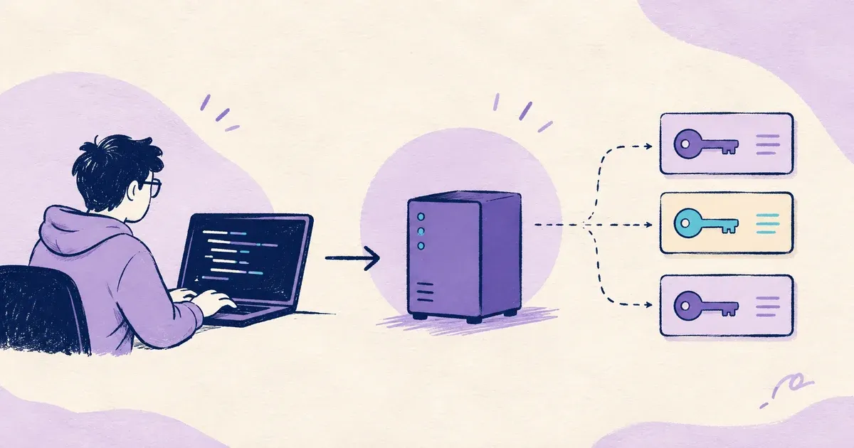A flat illustration of a developer connecting to a compact self-hosted secrets manager with separate environment keys.