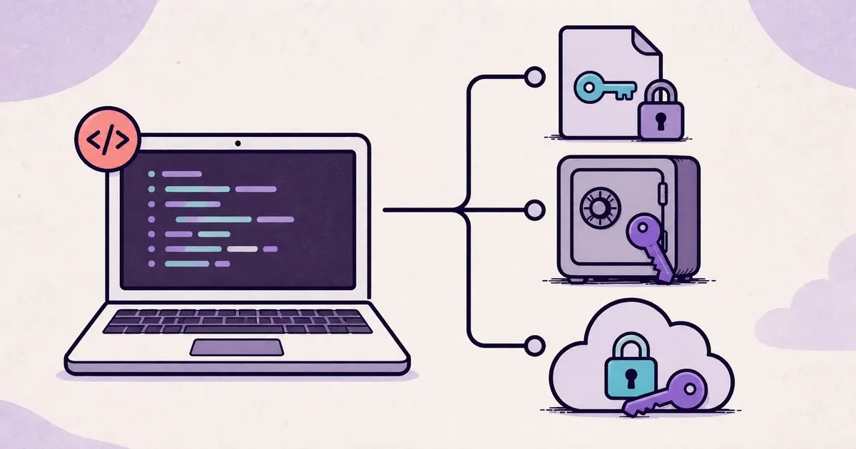 A flat illustration of a developer laptop connected to a protected file, a secure vault, and cloud secret storage.