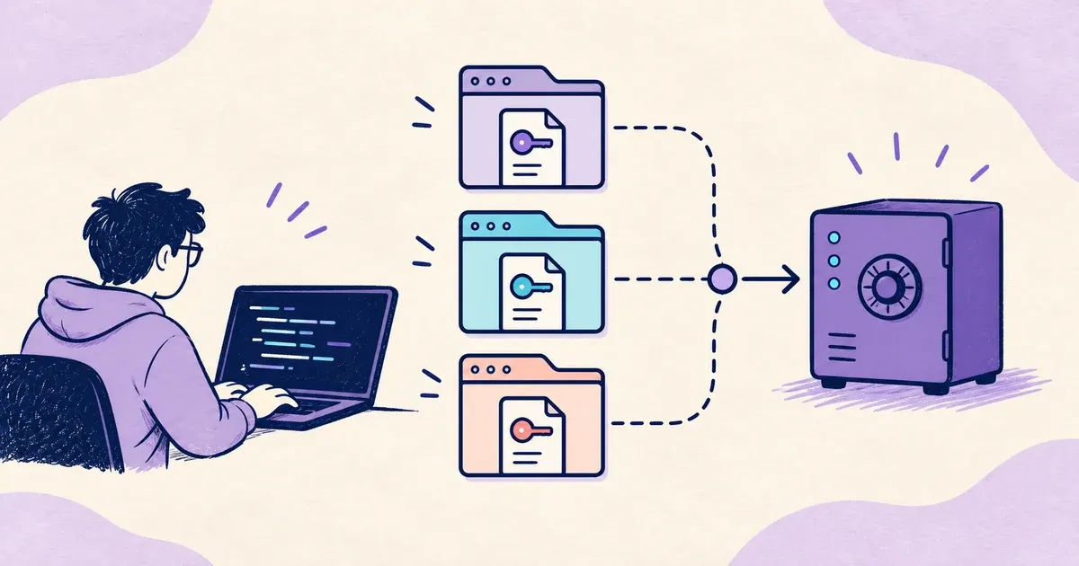 A solo developer connects three project secret folders to one centralized secure vault.