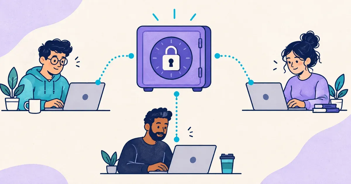 Three teammates at laptops connect to a shared, locked secrets vault.