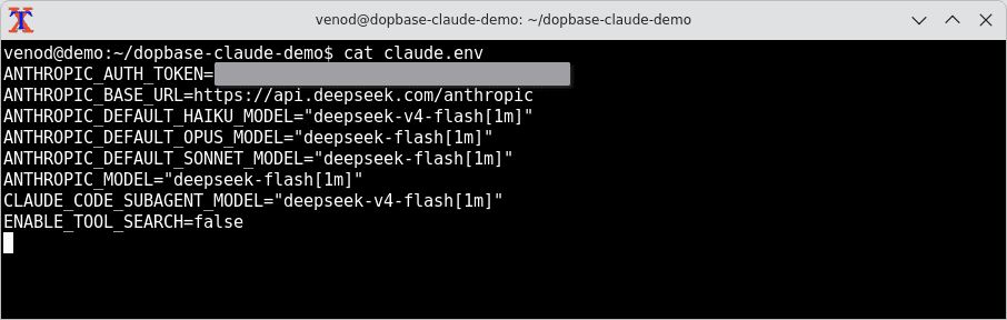 The tutorial’s claude.env contains eight provider and model variables, with the API token covered.