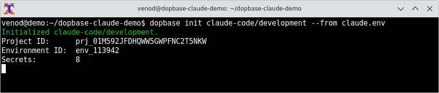 Dopbase initializes claude-code/development and reports eight imported secrets.