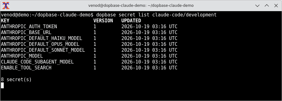 The secret list shows eight variable names with their versions and update times, without values.