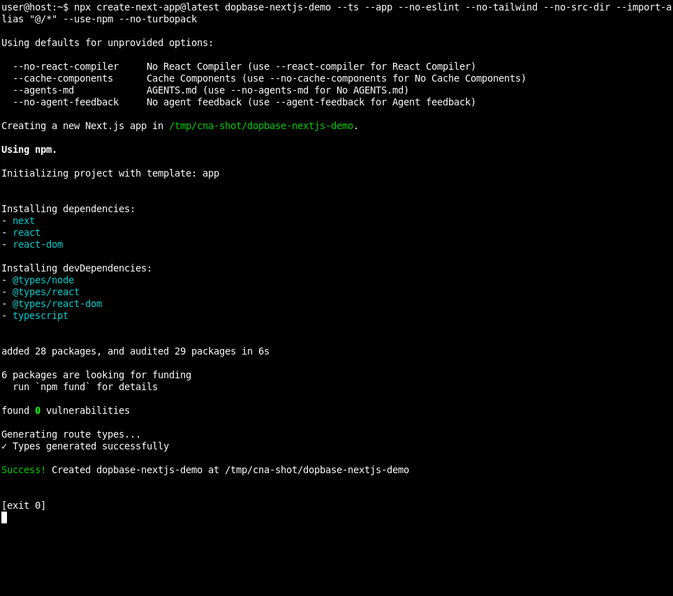 The terminal shows create-next-app installing the Next.js app and completing successfully.