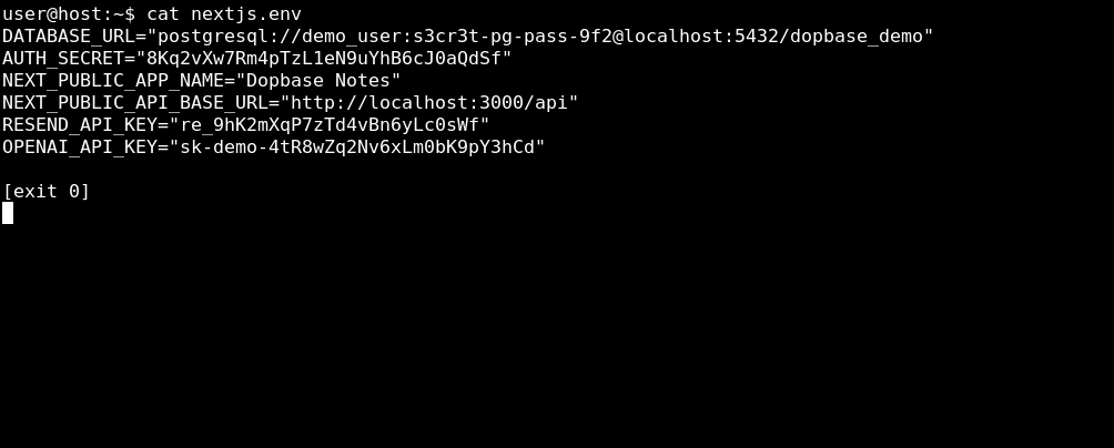 A temporary nextjs.env file contains six sample environment variables.