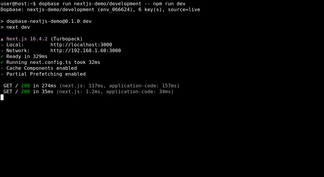 Dopbase reports six keys from a live fetch before Next.js starts on localhost port 3000.