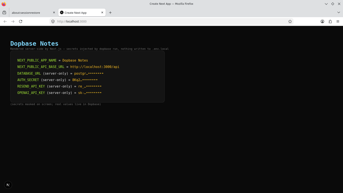 The original Dopbase Notes page runs locally in Firefox with public values and masked sample credentials.
